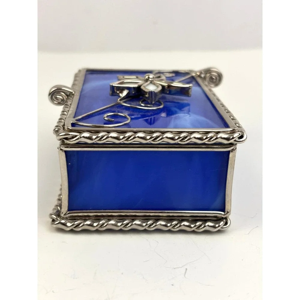 Vintage Blue Slag Glass Jewelry Trinket Box Silver Tone‎ Hinged Lid